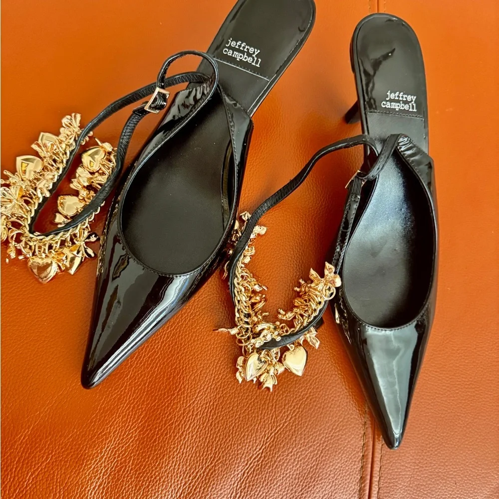 Jeffrey Campbell Black Patent Heels with Gold Accents ankle strap